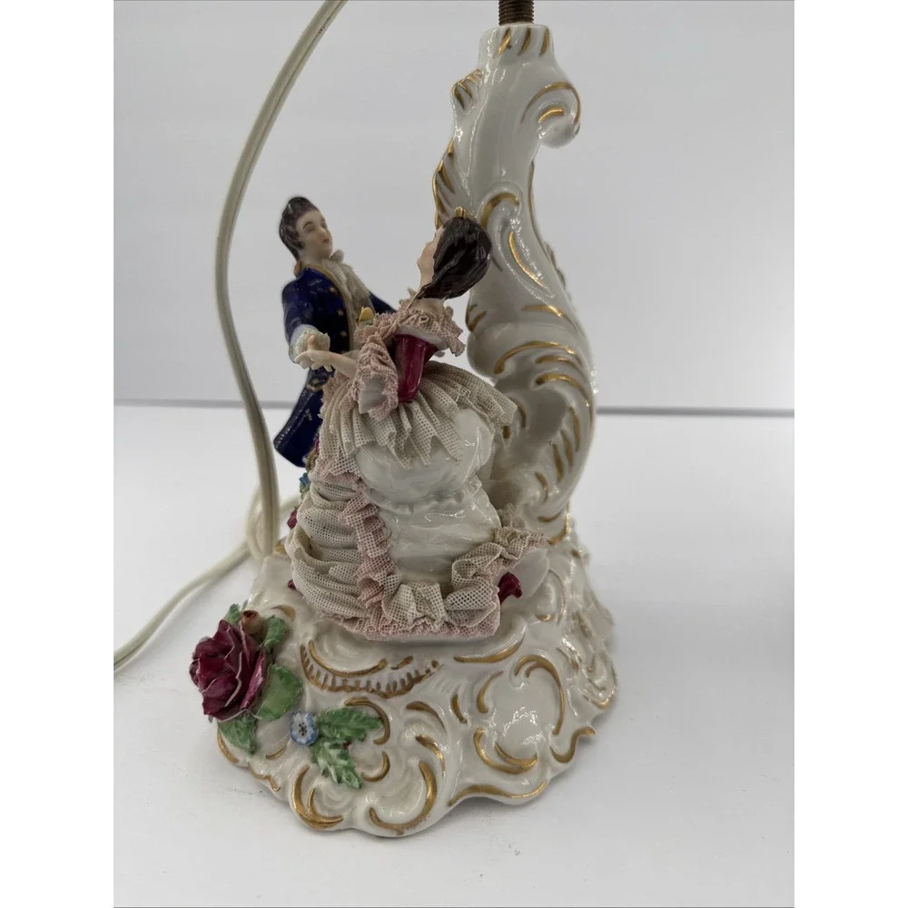 Pair VTG Unterweissbach Germany Porcelain Lace Courting Couple Lamps AS IS